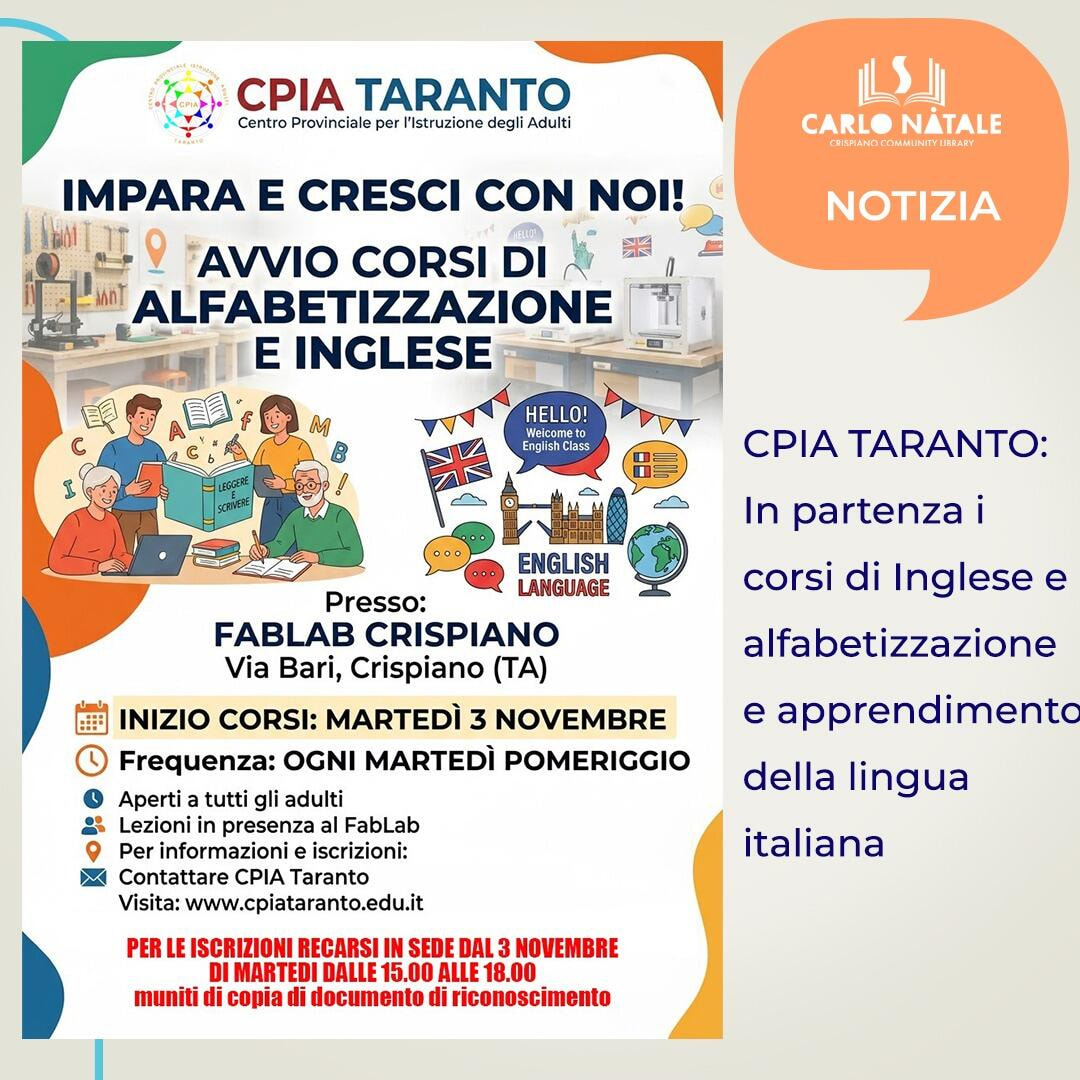 Immagine: Corsi per adulti alfabetizzazione e Inglese presso Fablab Crispiano