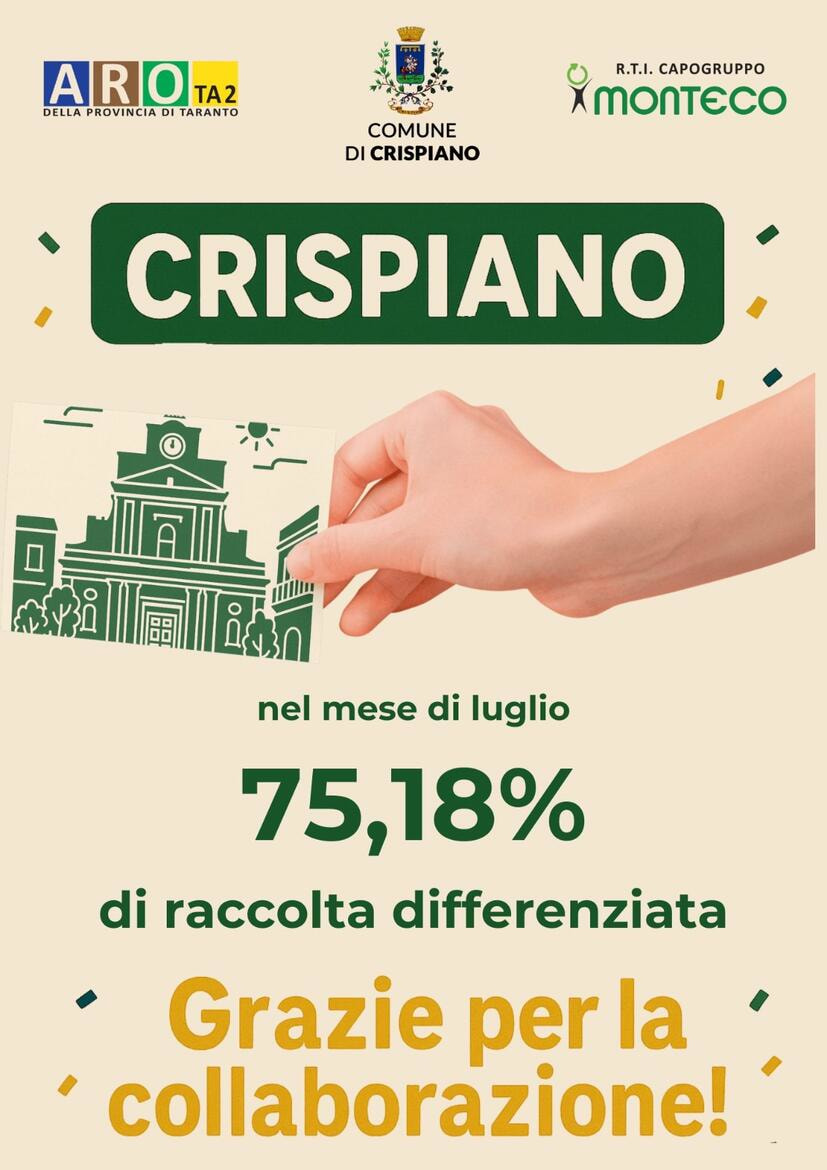 Immagine: Crispiano Raccolta differenziata risultati luglio 2025