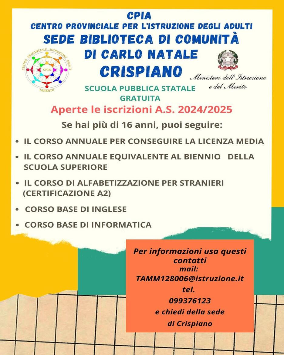 Immagine: Locandina - C. P. I. A. Sede Biblioteca di comunità - Carlo Natale - di Crispiano – Scuola Pubblica Statale Gratuita