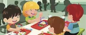 Disegno animato Tavolo con 4 bambini che mangiano