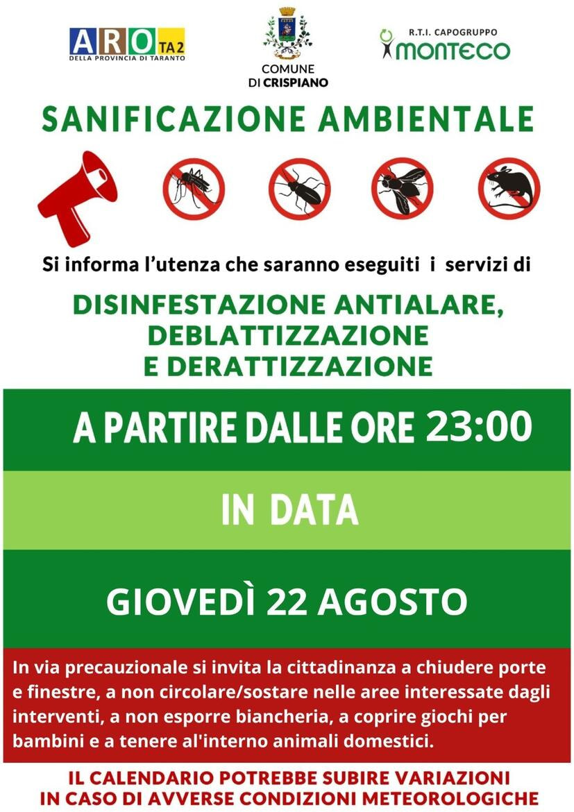 Immagine: Sanificazione ambientale 22 agosto 2024